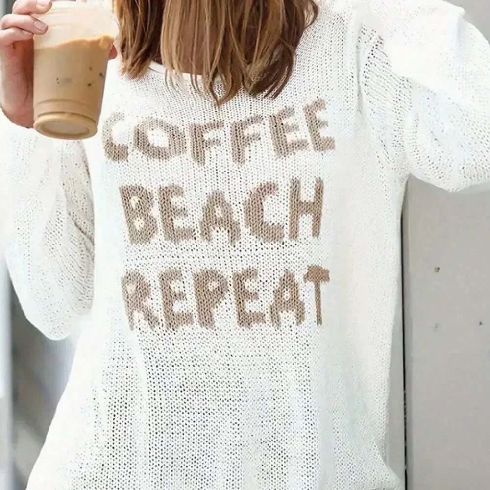 White Casual Women's Round Neck Long Sleeve Side Split Letter Knitted Sweater
